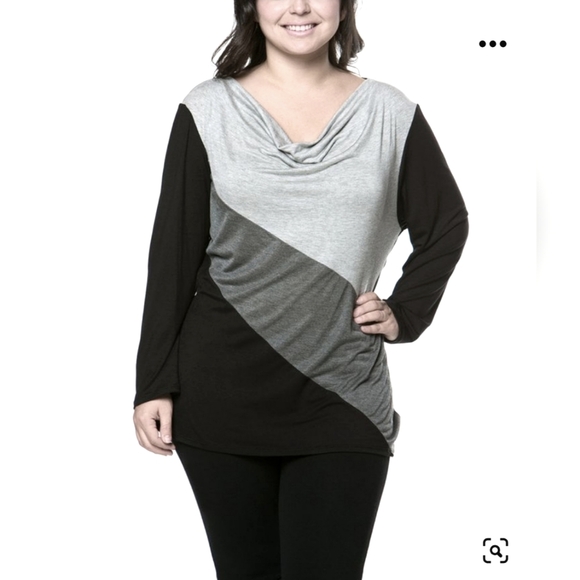 Magic Fit -Light Gray Black & Charcoal Color Block Drape Top - Women -NWOT - Picture 1 of 9
